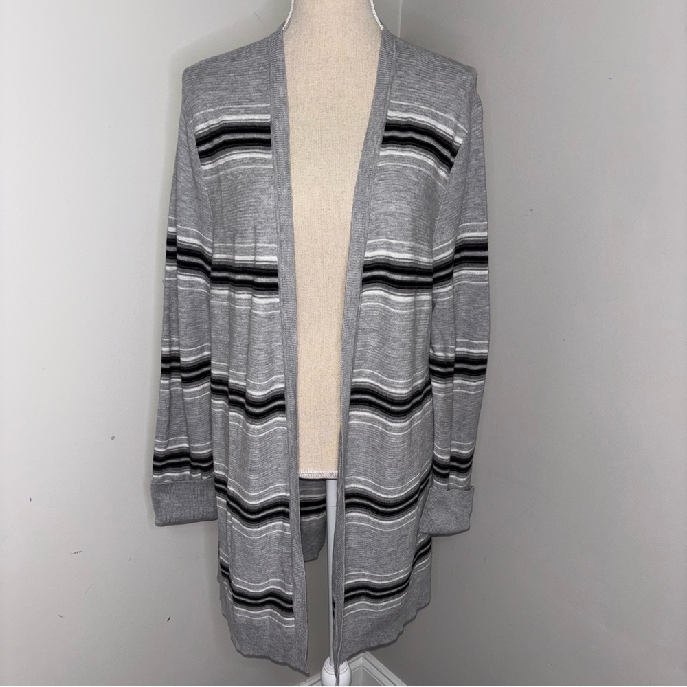 Talbots lightweight open front cardigan sweater gray black white striped size XL